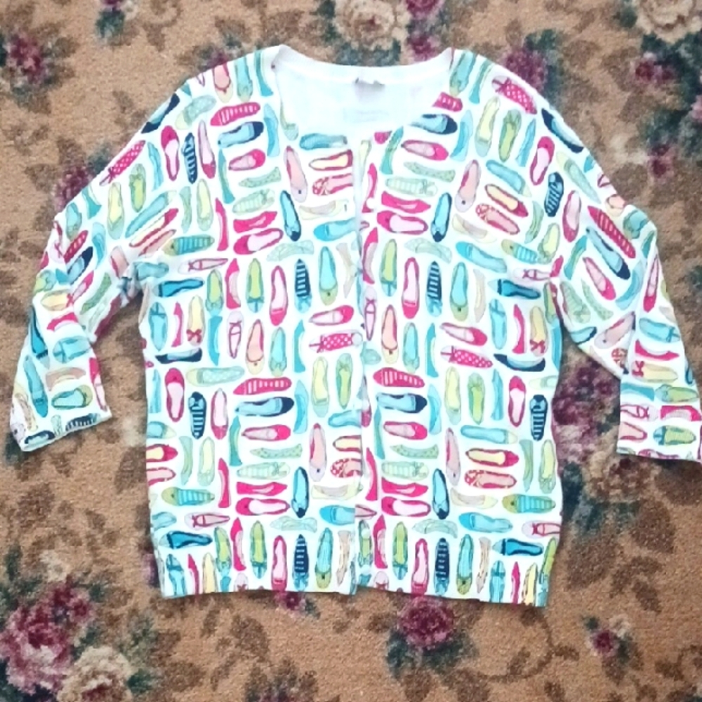 Talbots Cardigan Sweater Round Neck 3/4 Sleeve Cotton Shoes White Multi LP
